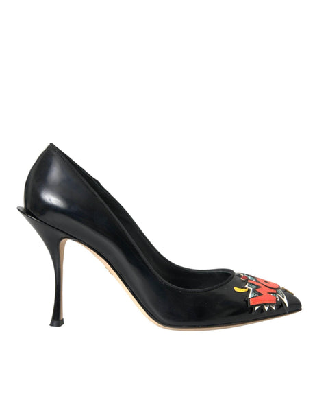 Dolce & Gabbana Black Leather WOW Patch Heels Pumps Shoes - Hilstor