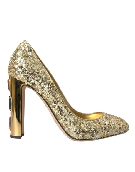 Dolce & Gabbana Gold Sequin Crystal Heels Pumps Shoes - Hilstor