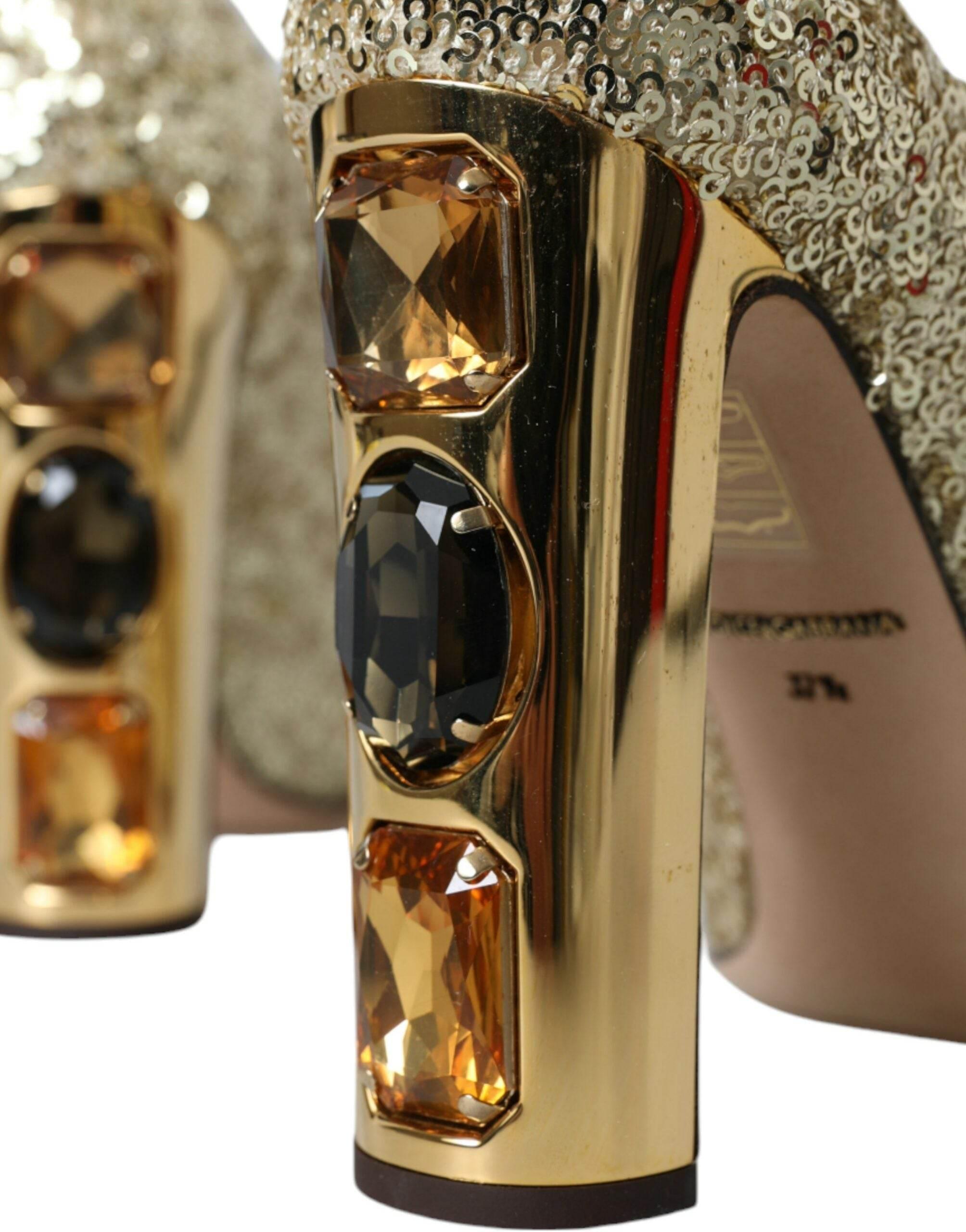 Dolce & Gabbana Gold Sequin Crystal Heels Pumps Shoes - Hilstor