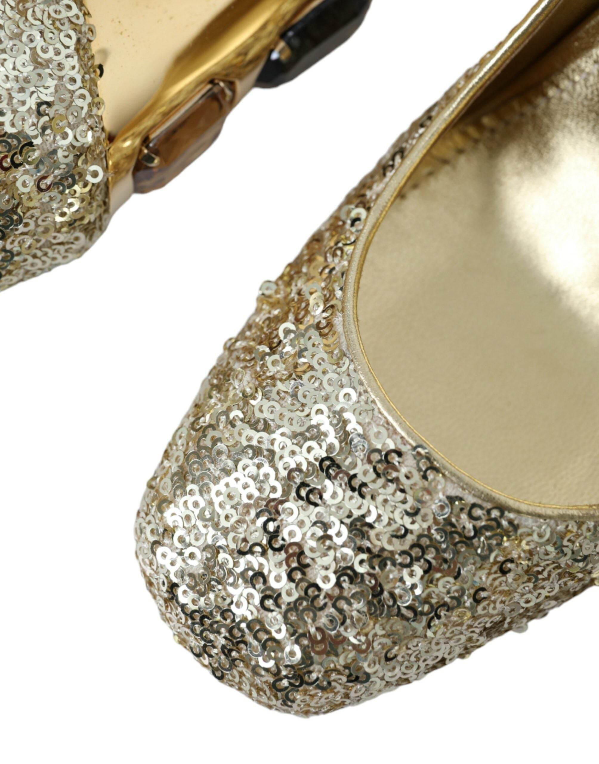 Dolce & Gabbana Gold Sequin Crystal Heels Pumps Shoes - Hilstor