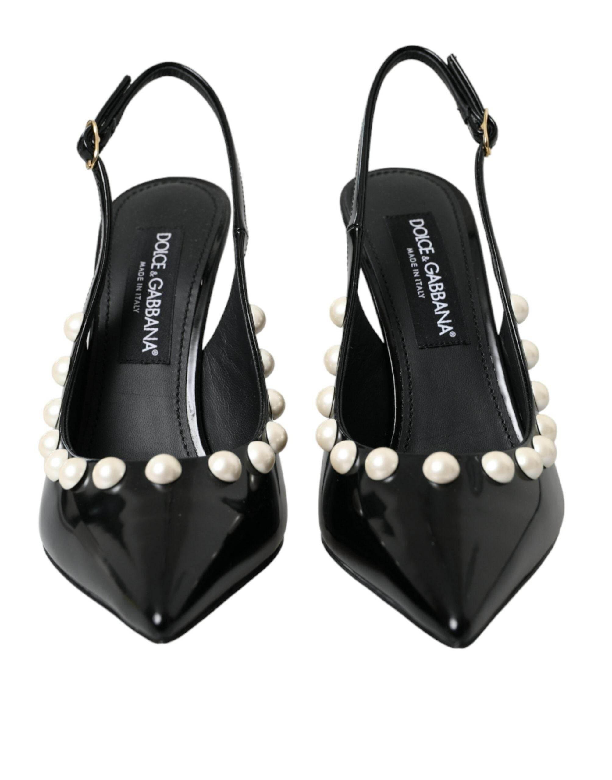 Dolce & Gabbana Black Leather Faux Pearl Heel Slingback Shoes - Hilstor