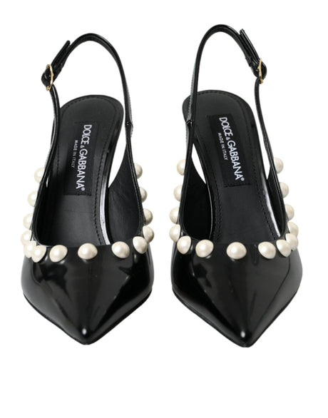 Dolce & Gabbana Black Leather Faux Pearl Heel Slingback Shoes - Hilstor