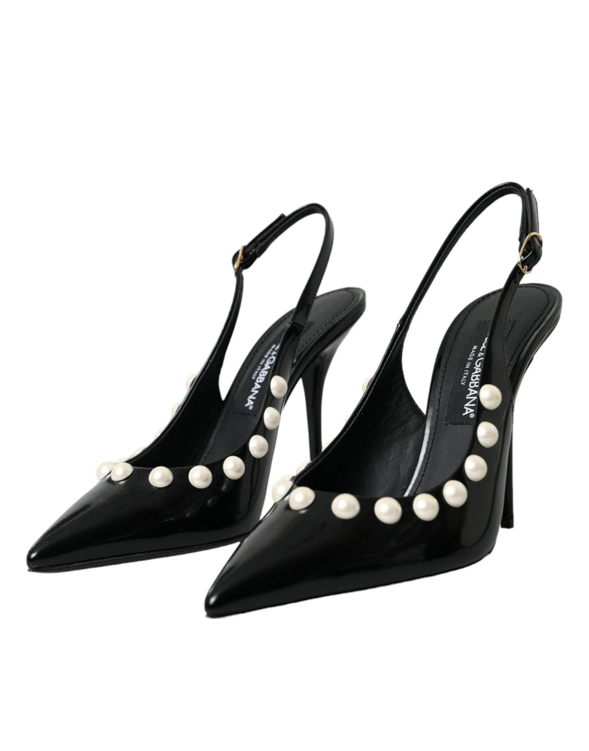 Dolce & Gabbana Black Leather Faux Pearl Heel Slingback Shoes - Hilstor