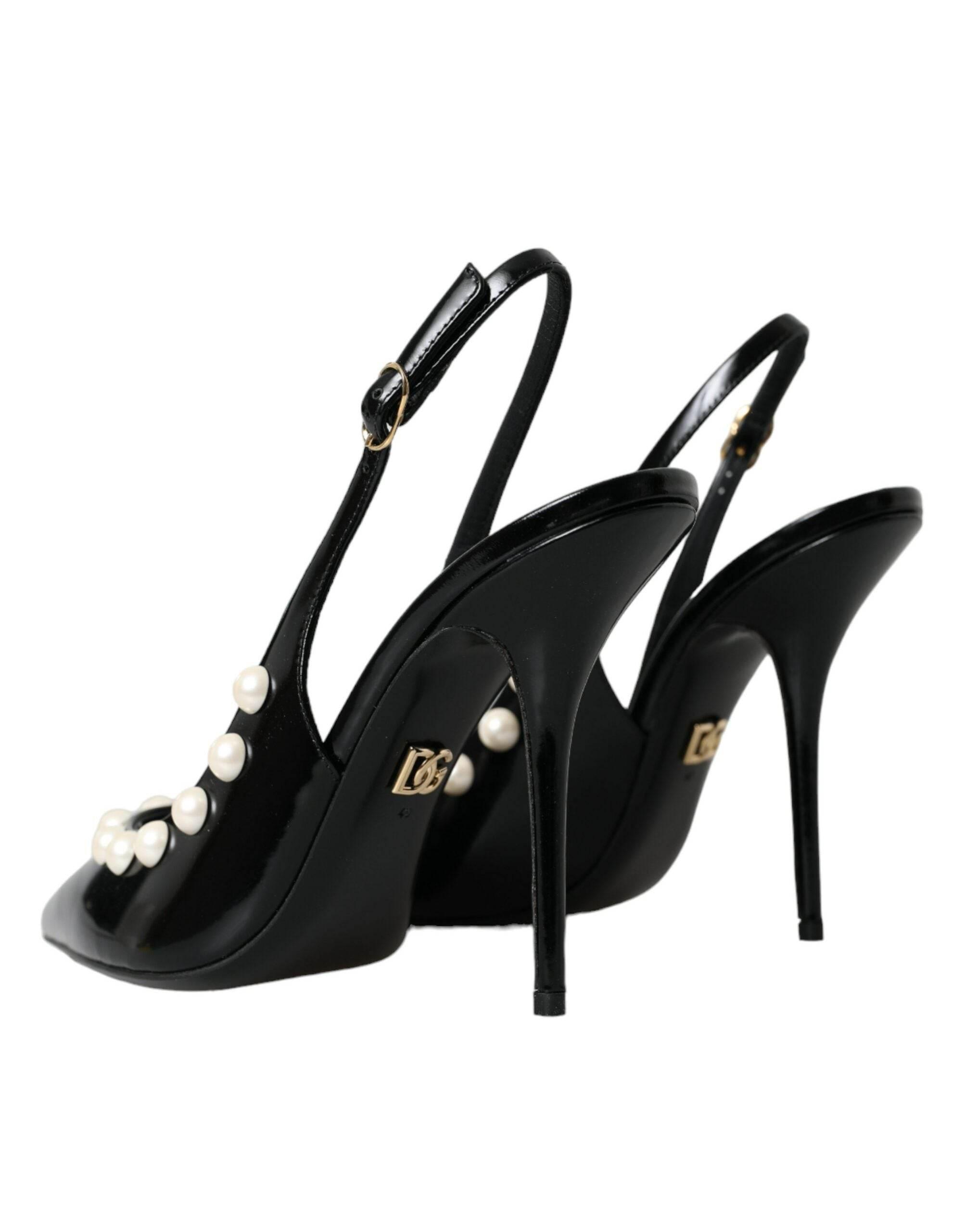 Dolce & Gabbana Black Leather Faux Pearl Heel Slingback Shoes - Hilstor