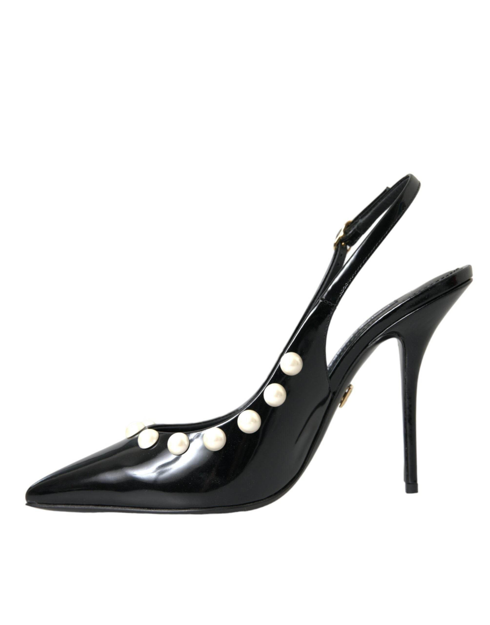 Dolce & Gabbana Black Leather Faux Pearl Heel Slingback Shoes - Hilstor