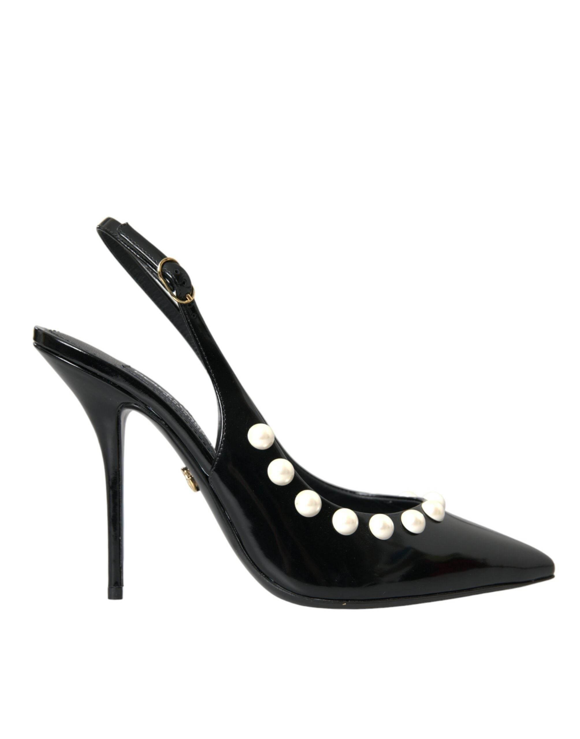Dolce & Gabbana Black Leather Faux Pearl Heel Slingback Shoes - Hilstor
