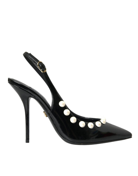 Dolce & Gabbana Black Leather Faux Pearl Heel Slingback Shoes - Hilstor