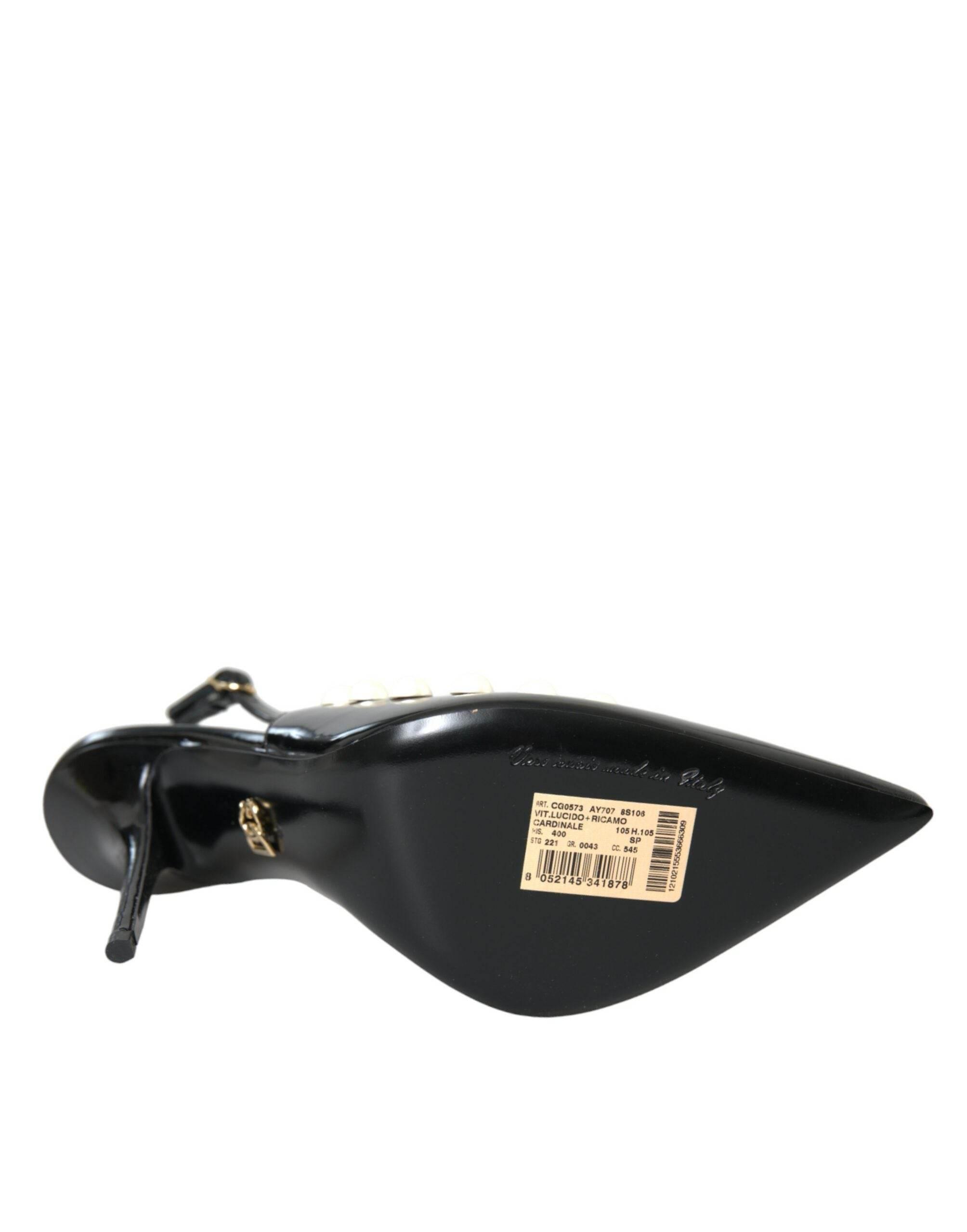 Dolce & Gabbana Black Leather Faux Pearl Heel Slingback Shoes - Hilstor
