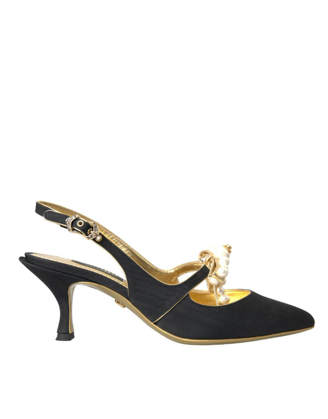 Dolce & Gabbana Black Leather Faux Pearls Slingbacks Shoes - Hilstor