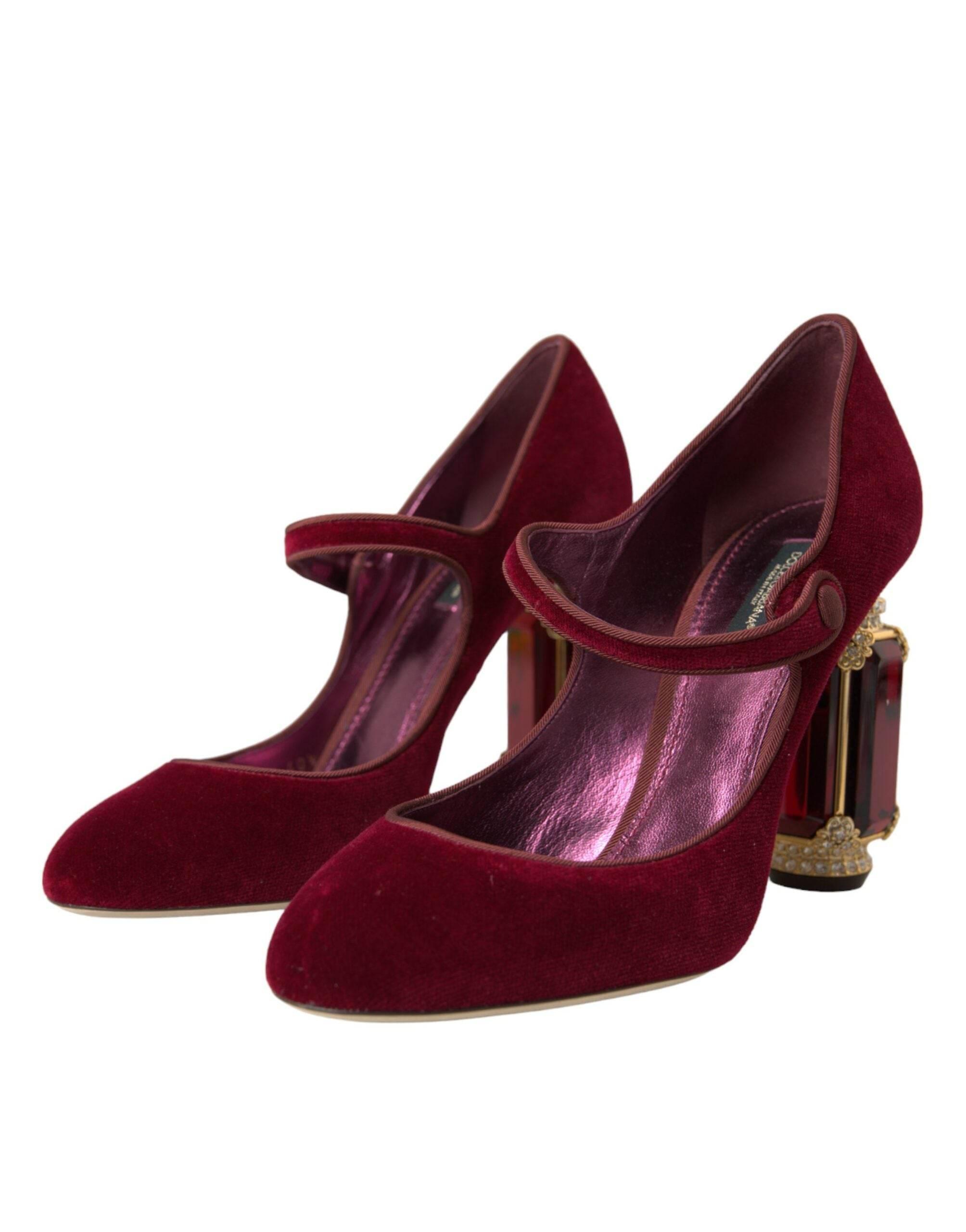 Dolce & Gabbana Red Velvet Gold Crystals Heels Mary Jane Shoes - Hilstor