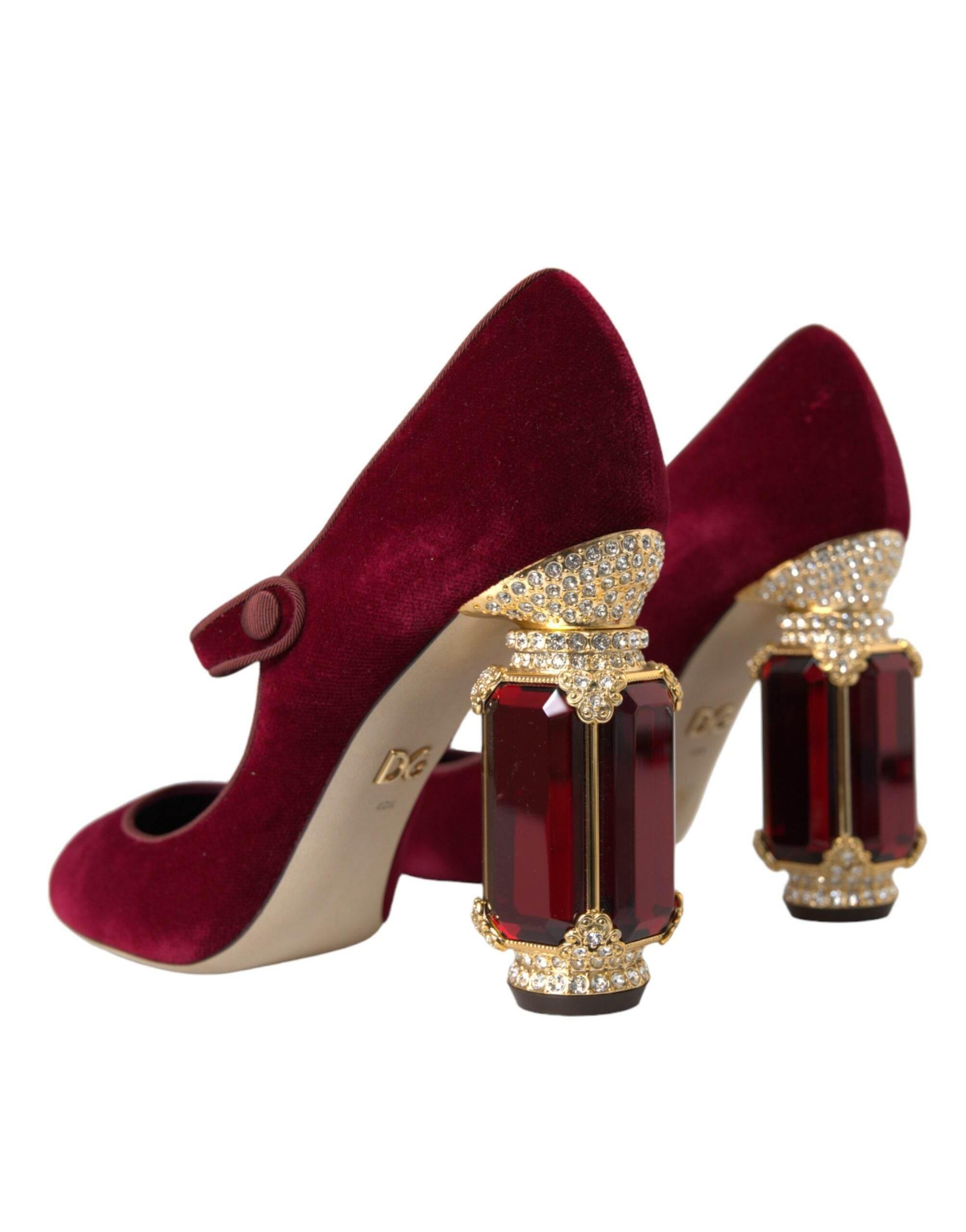 Dolce & Gabbana Red Velvet Gold Crystals Heels Mary Jane Shoes - Hilstor