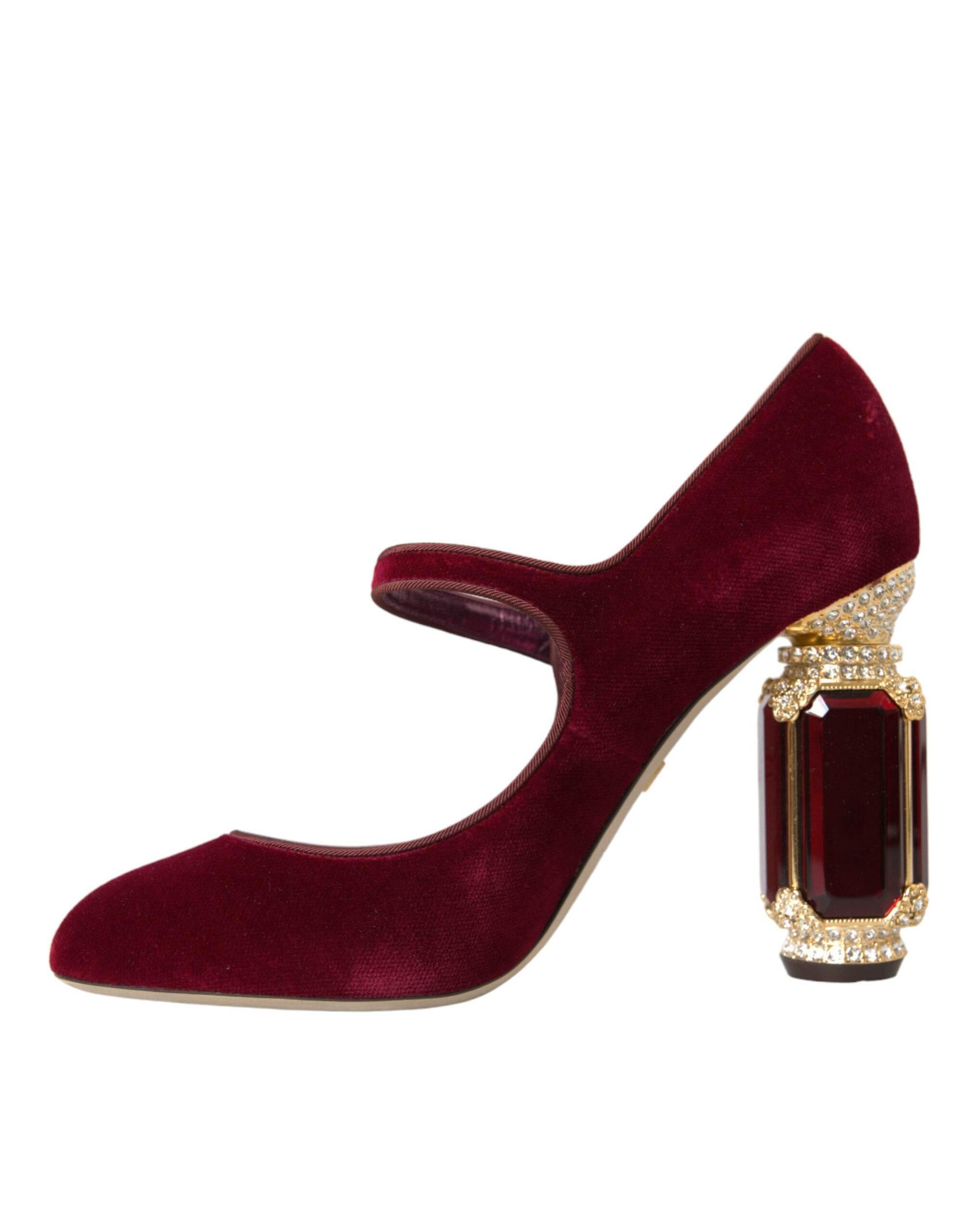 Dolce & Gabbana Red Velvet Gold Crystals Heels Mary Jane Shoes - Hilstor