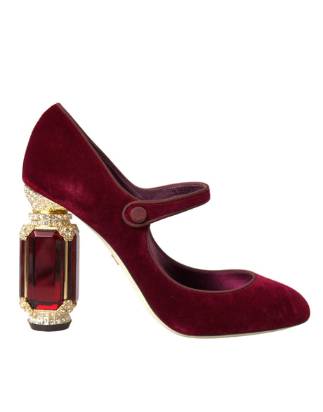 Dolce & Gabbana Red Velvet Gold Crystals Heels Mary Jane Shoes - Hilstor
