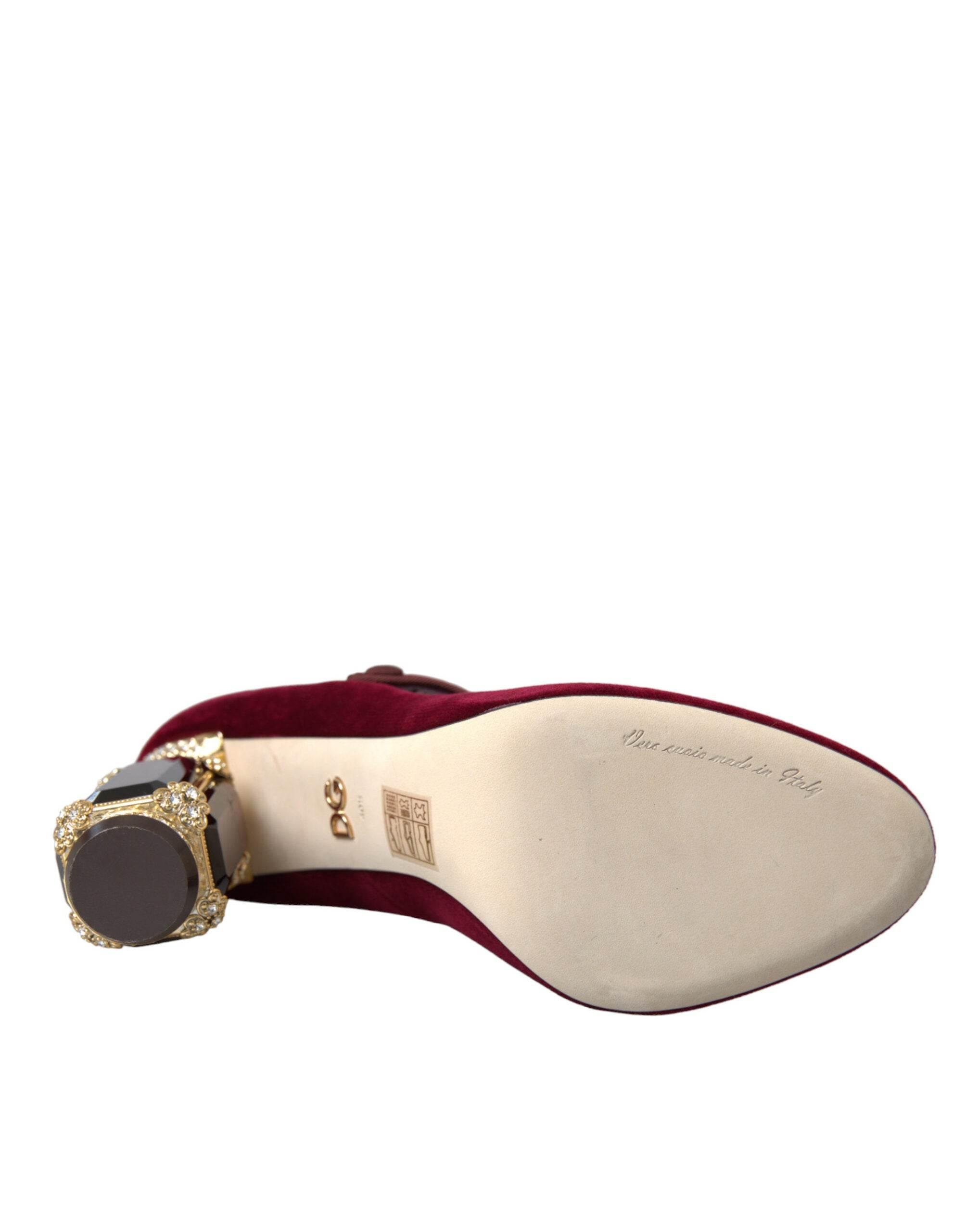Dolce & Gabbana Red Velvet Gold Crystals Heels Mary Jane Shoes - Hilstor