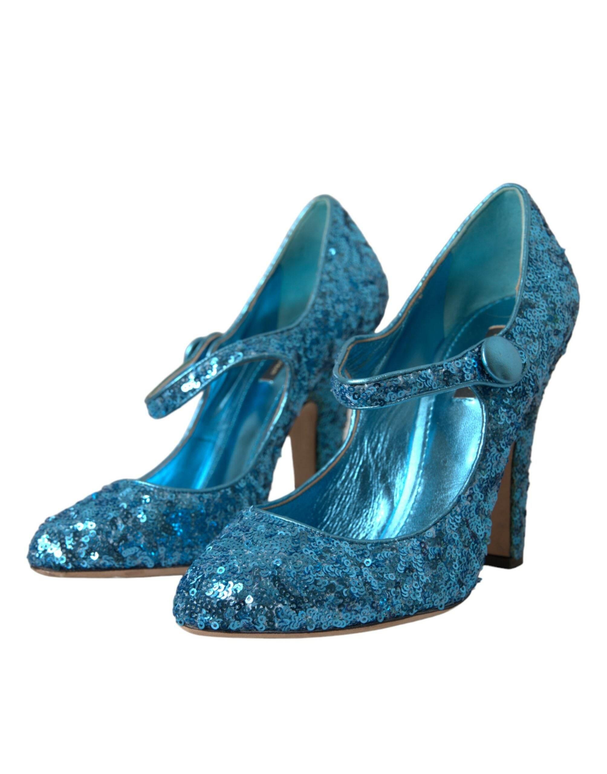 Dolce & Gabbana Blue Sequin Mary Jane Pumps High Heels Shoes - Hilstor