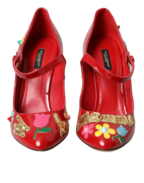 Dolce & Gabbana Red Leather Embellished Mary Jane Pumps Heels Shoes - Hilstor