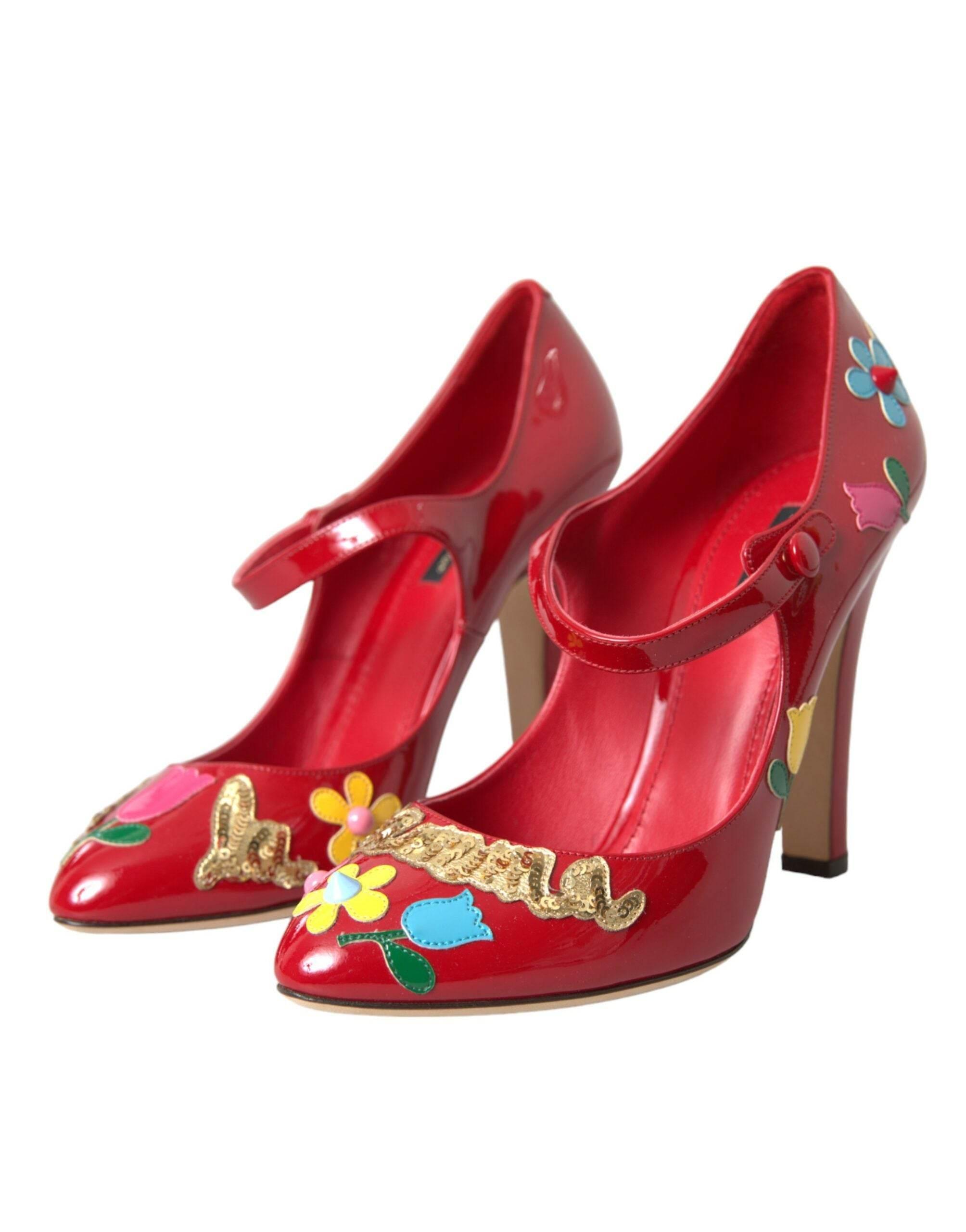 Dolce & Gabbana Red Leather Embellished Mary Jane Pumps Heels Shoes - Hilstor