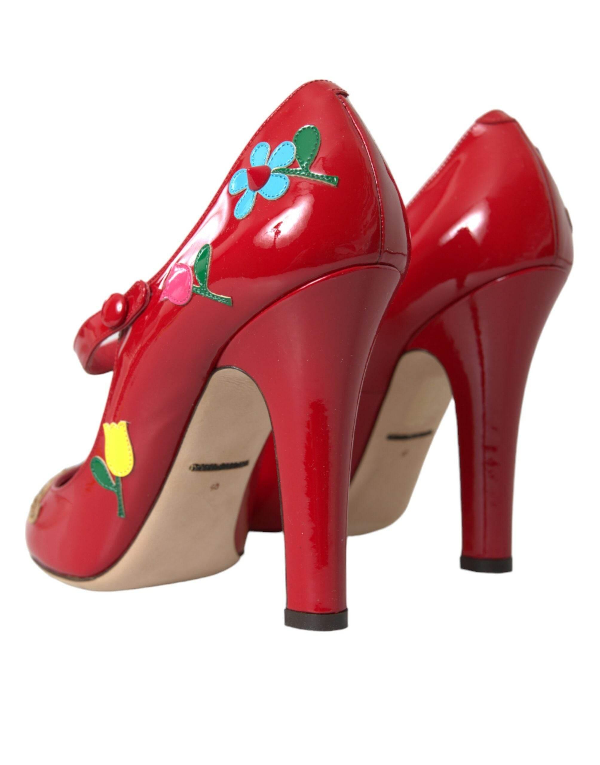 Dolce & Gabbana Red Leather Embellished Mary Jane Pumps Heels Shoes - Hilstor