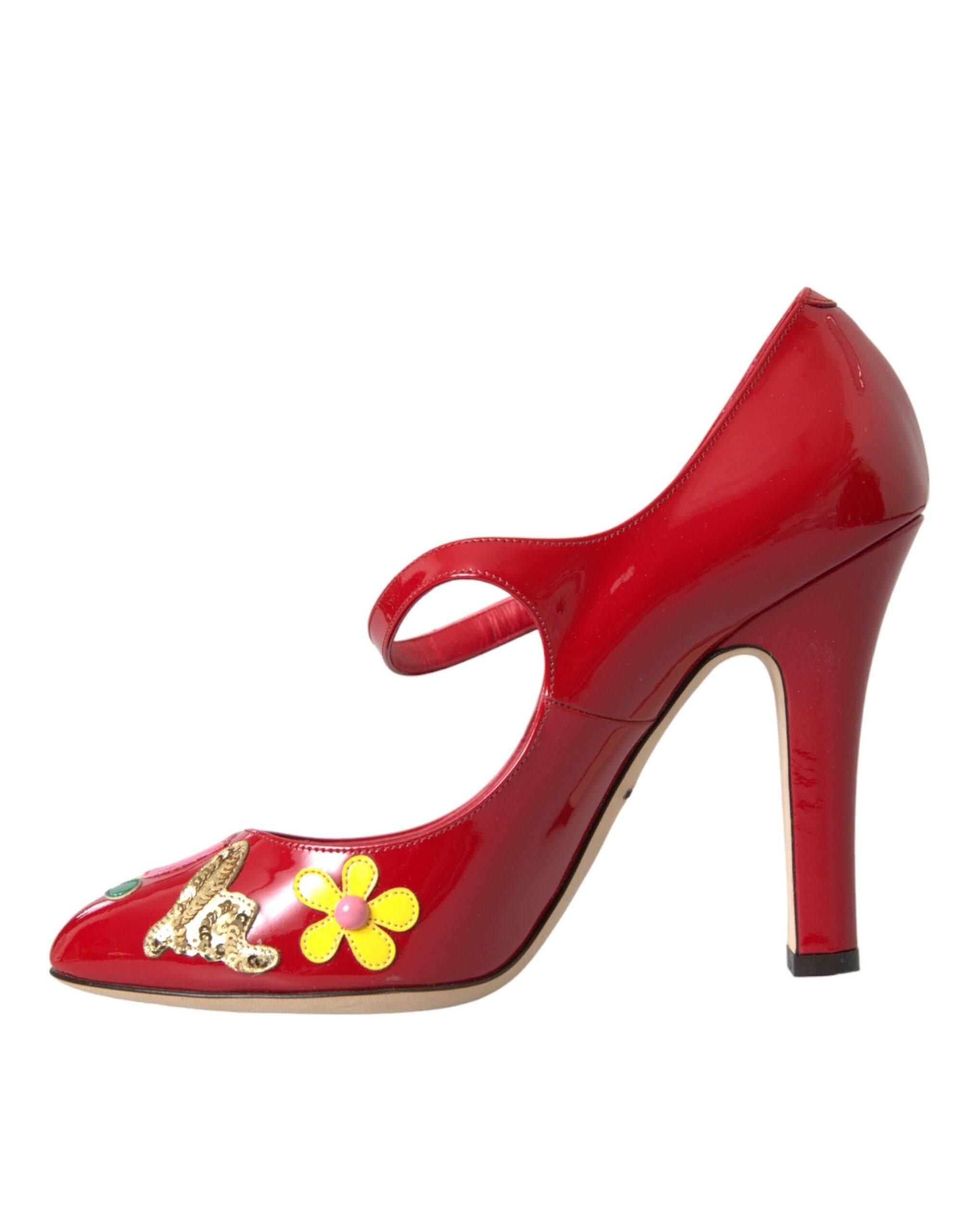 Dolce & Gabbana Red Leather Embellished Mary Jane Pumps Heels Shoes - Hilstor