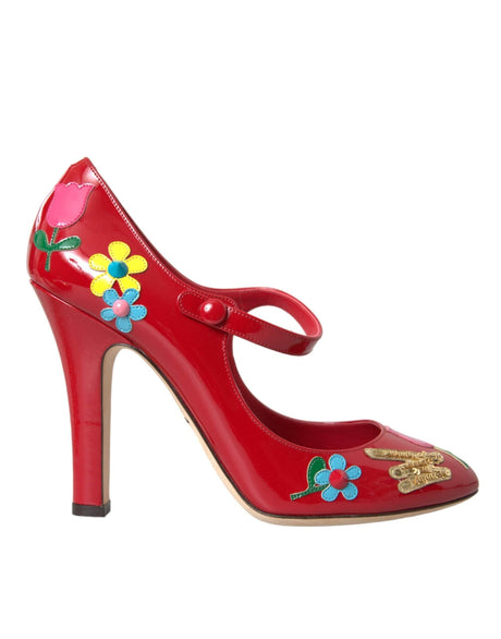 Dolce & Gabbana Red Leather Embellished Mary Jane Pumps Heels Shoes - Hilstor