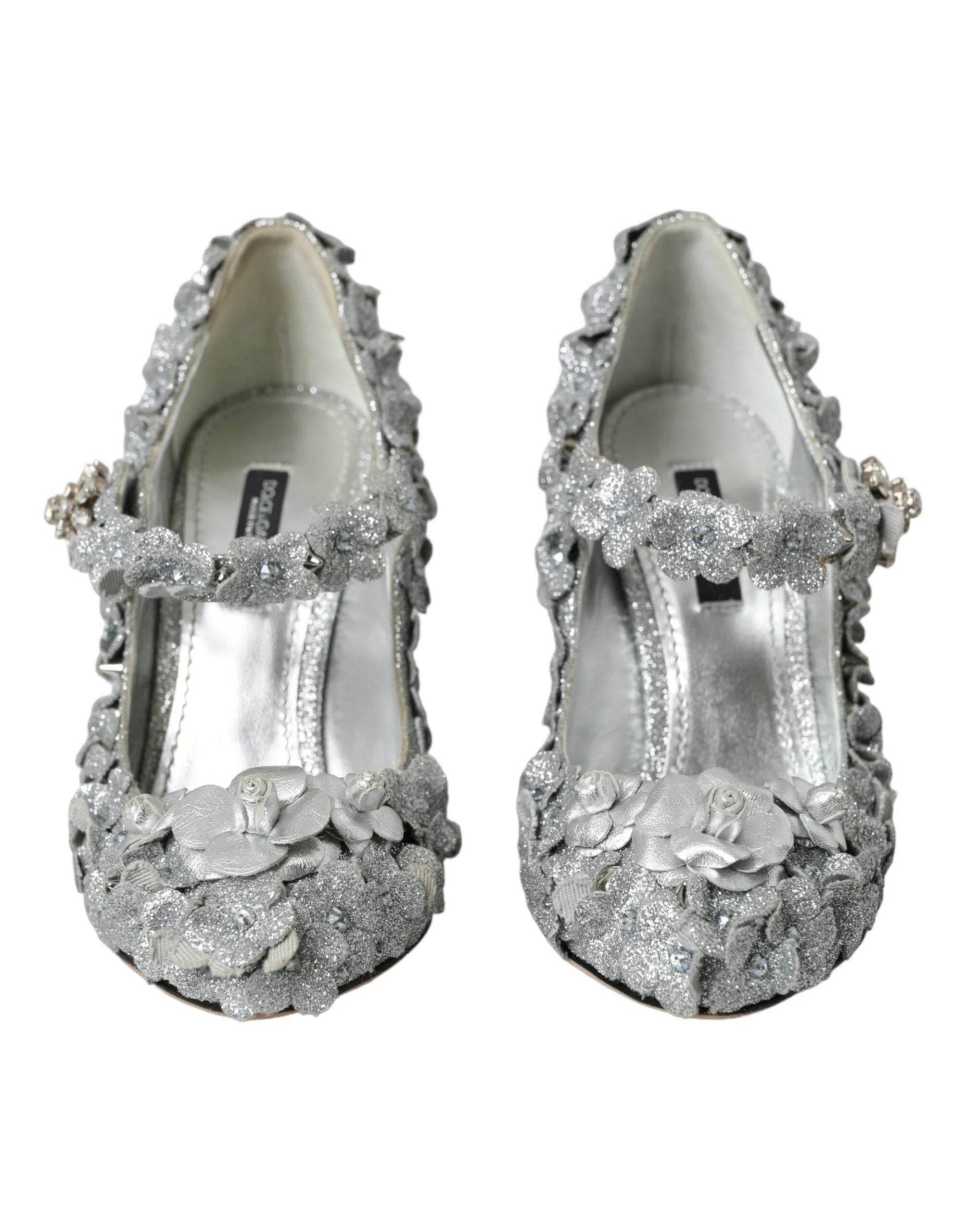 Dolce & Gabbana Silver Floral Crystal Mary Jane Pumps Shoes - Hilstor