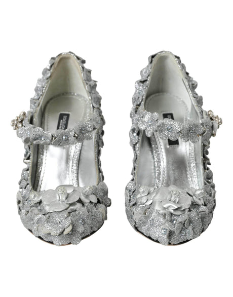 Dolce & Gabbana Silver Floral Crystal Mary Jane Pumps Shoes - Hilstor