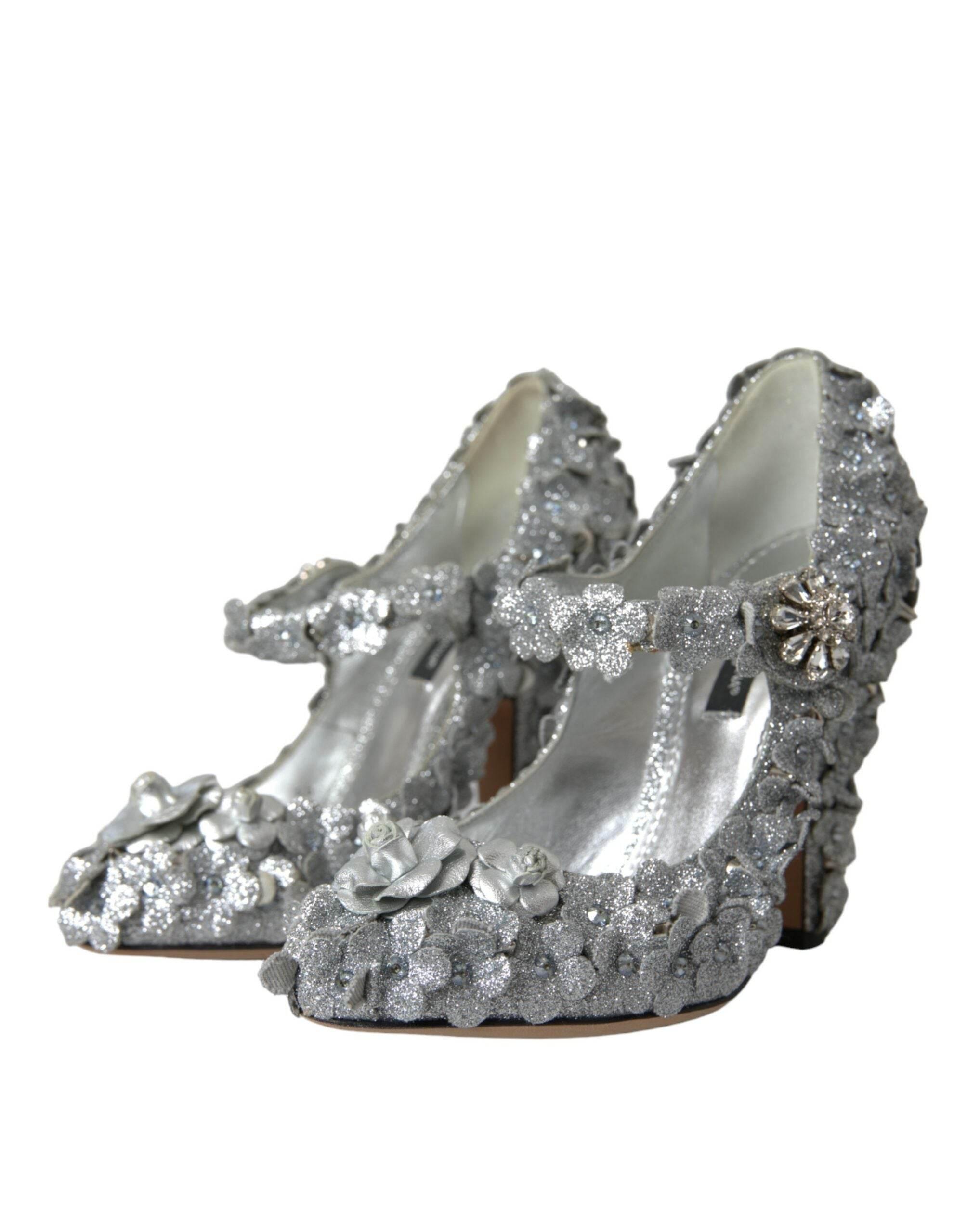 Dolce & Gabbana Silver Floral Crystal Mary Jane Pumps Shoes - Hilstor