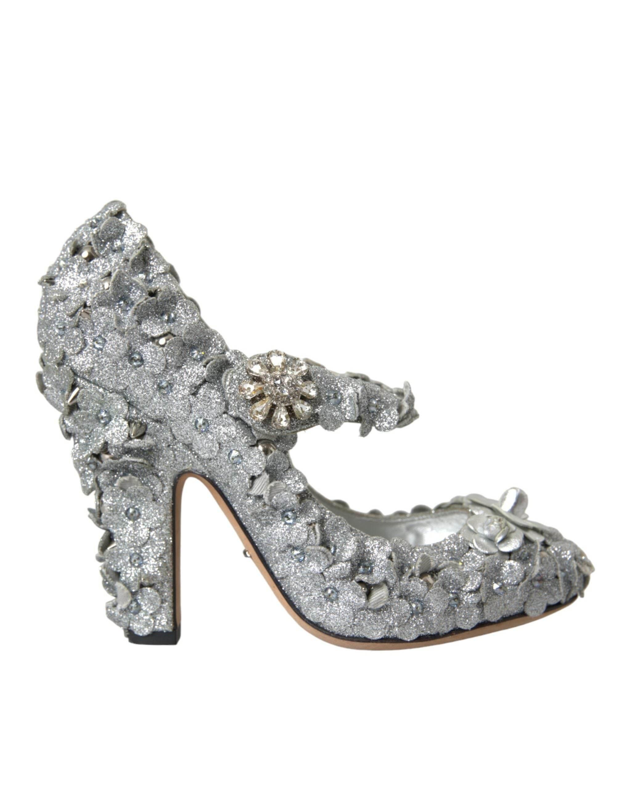 Dolce & Gabbana Silver Floral Crystal Mary Jane Pumps Shoes - Hilstor