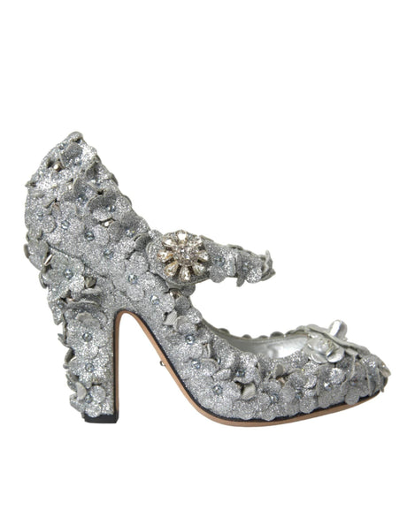 Dolce & Gabbana Silver Floral Crystal Mary Jane Pumps Shoes - Hilstor