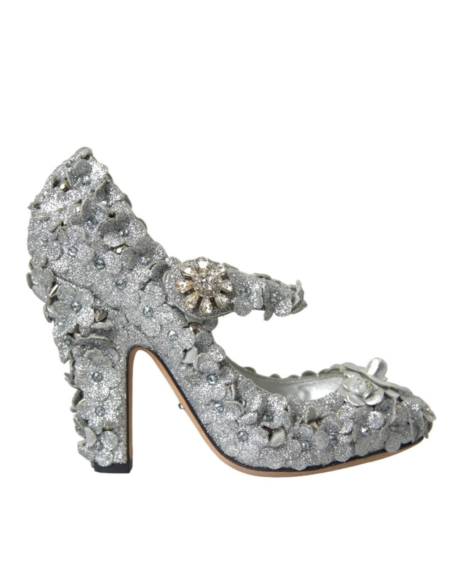Dolce & Gabbana Silver Floral Crystal Mary Jane Pumps Shoes - Hilstor