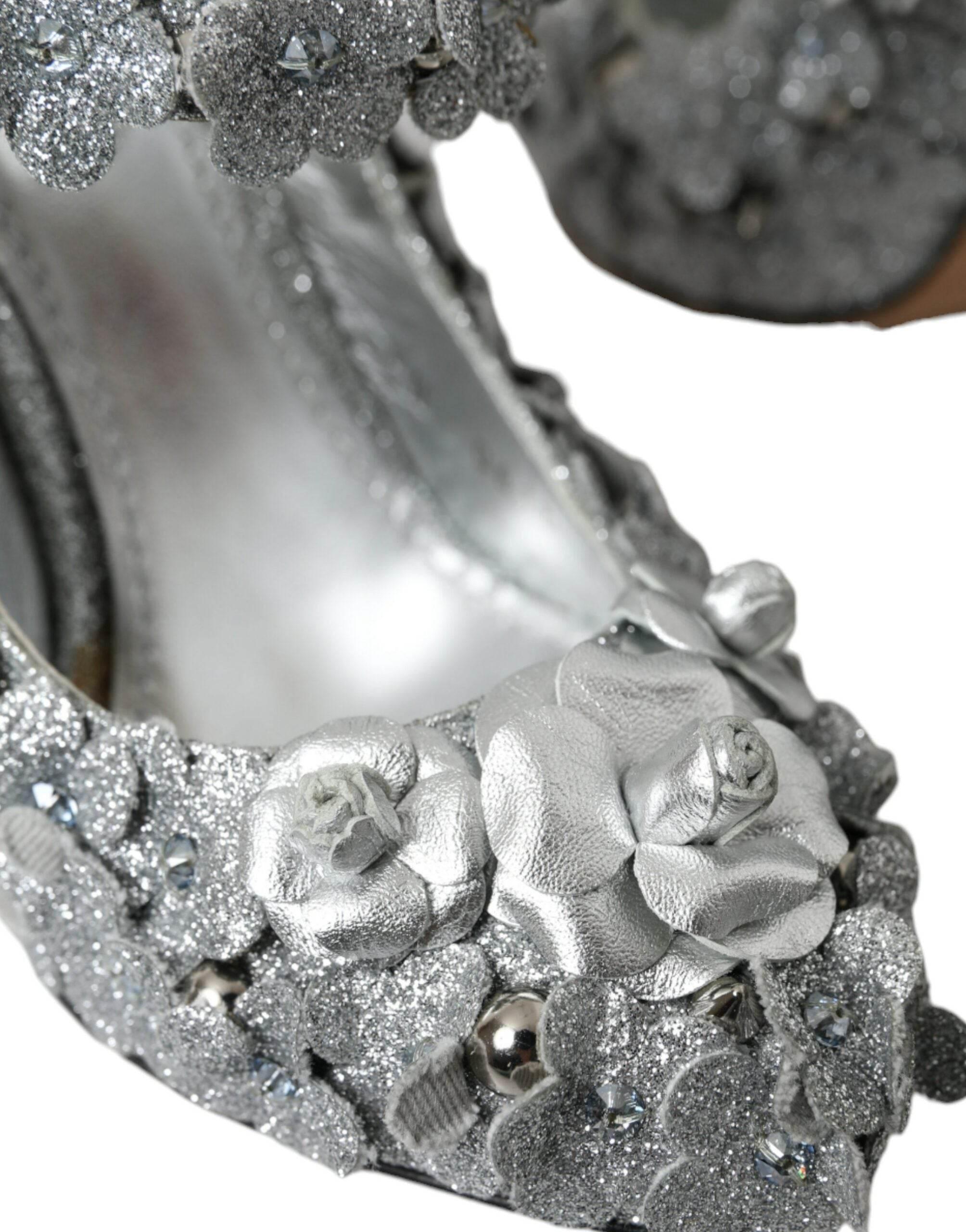 Dolce & Gabbana Silver Floral Crystal Mary Jane Pumps Shoes - Hilstor