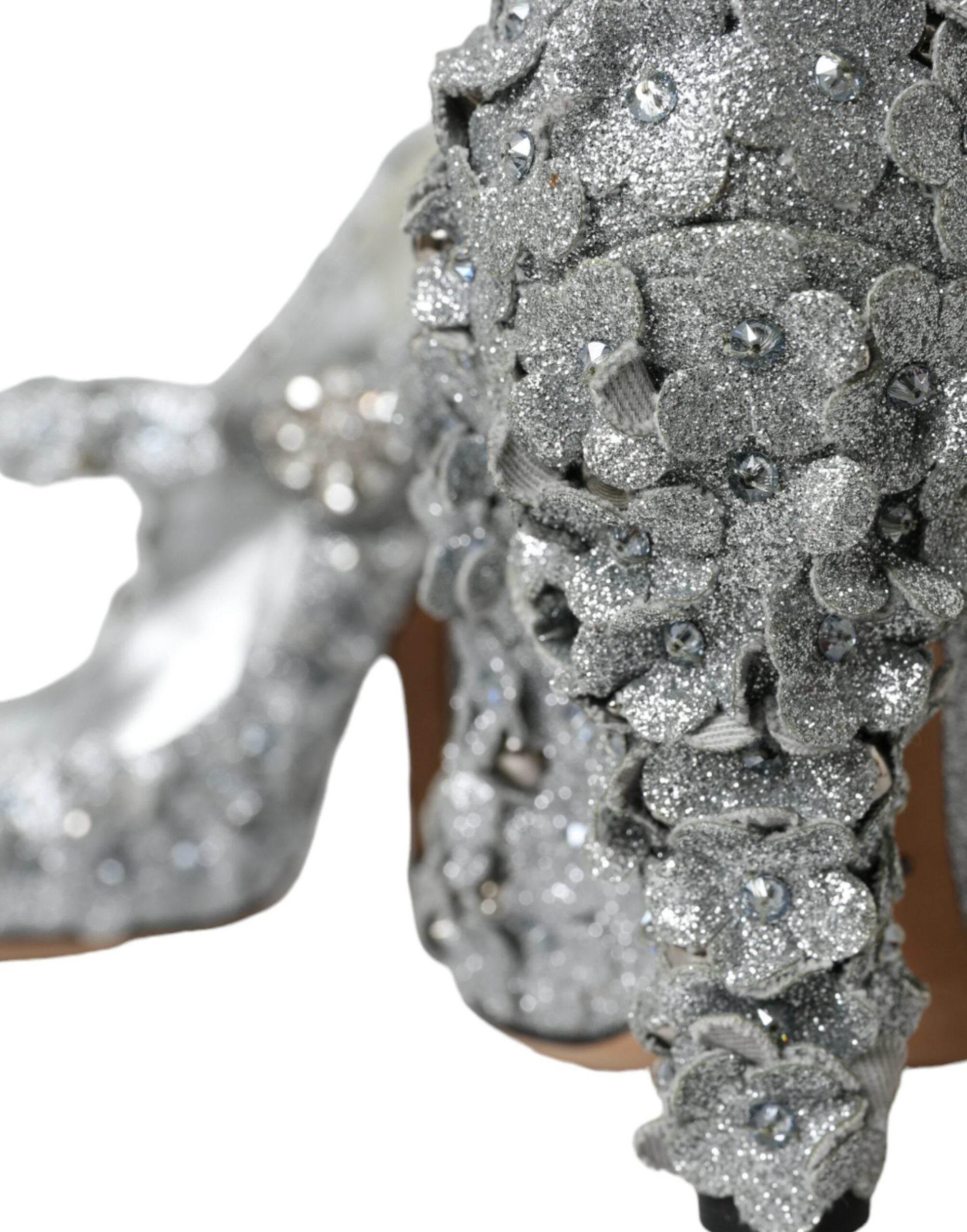 Dolce & Gabbana Silver Floral Crystal Mary Jane Pumps Shoes - Hilstor