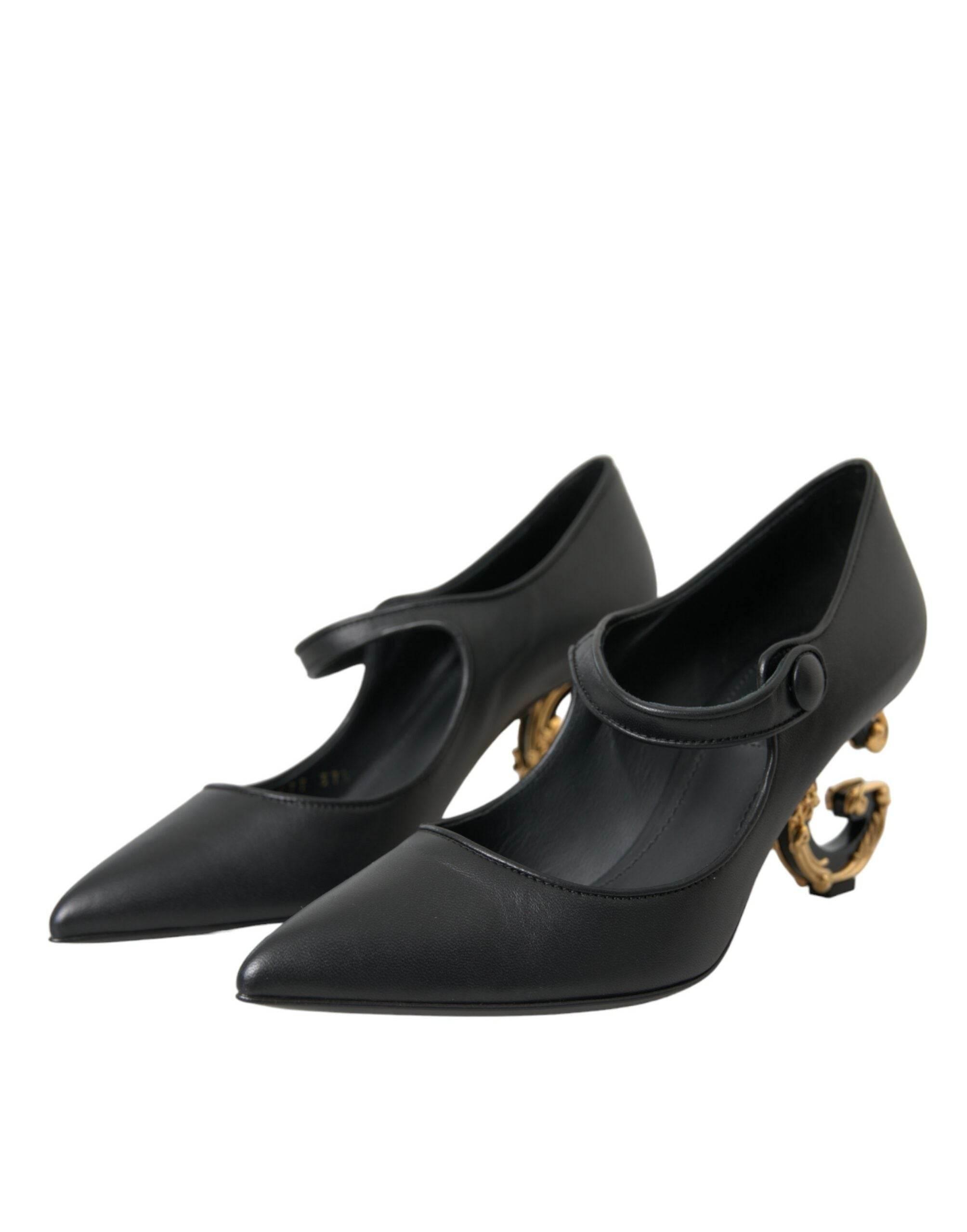 Dolce & Gabbana Black Leather Logo Heels Mary Janes Pumps Shoes - Hilstor