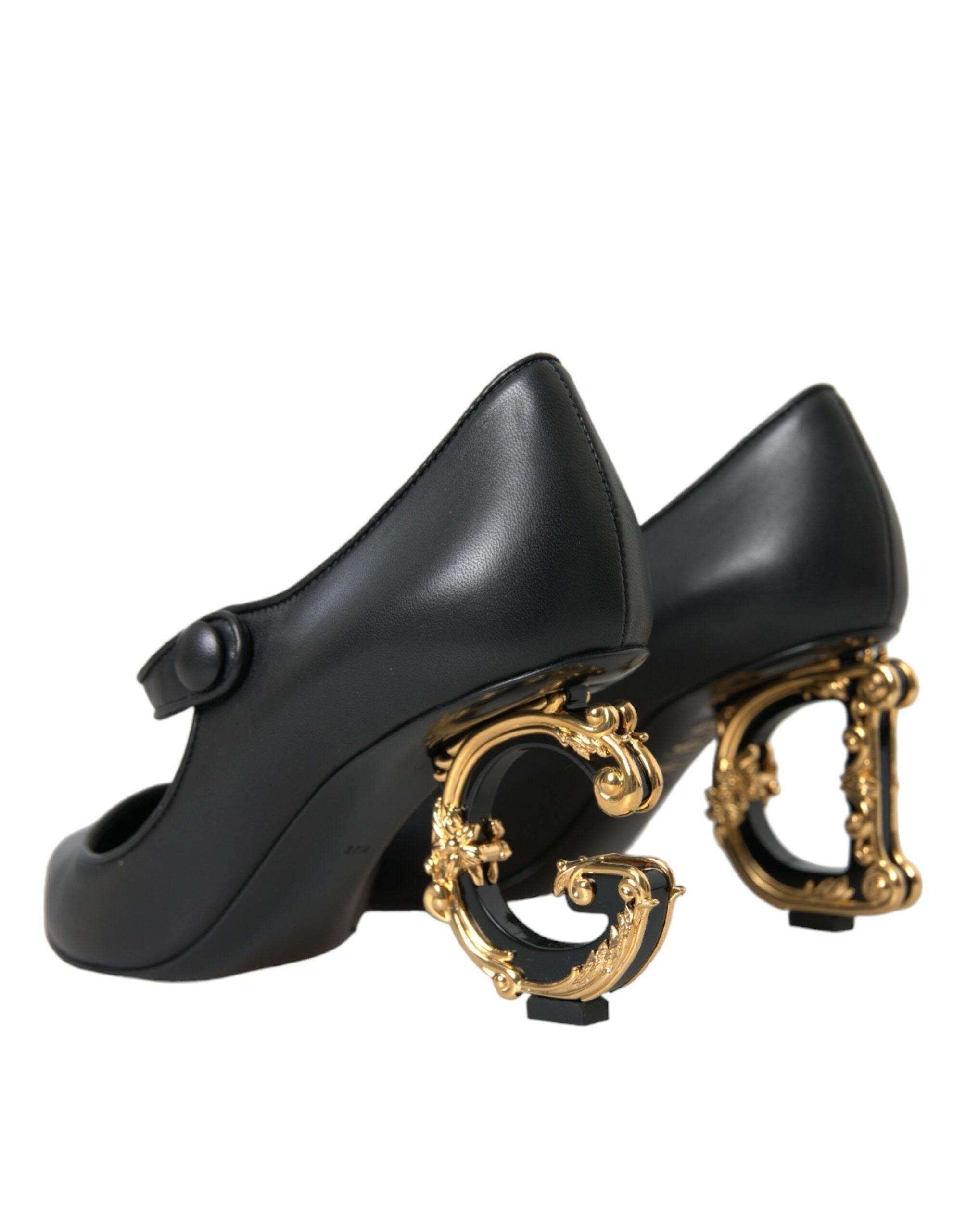 Dolce & Gabbana Black Leather Logo Heels Mary Janes Pumps Shoes - Hilstor