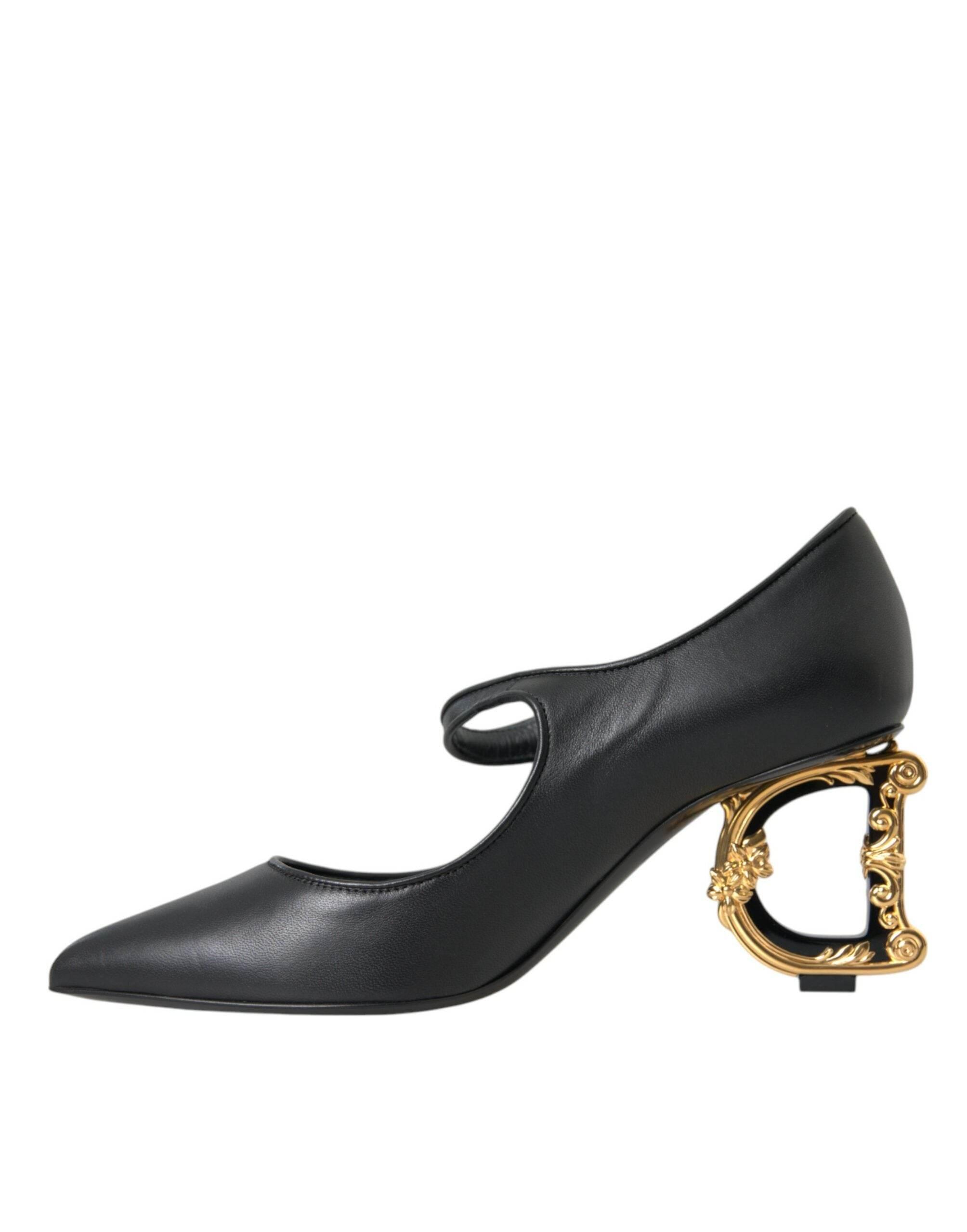 Dolce & Gabbana Black Leather Logo Heels Mary Janes Pumps Shoes - Hilstor