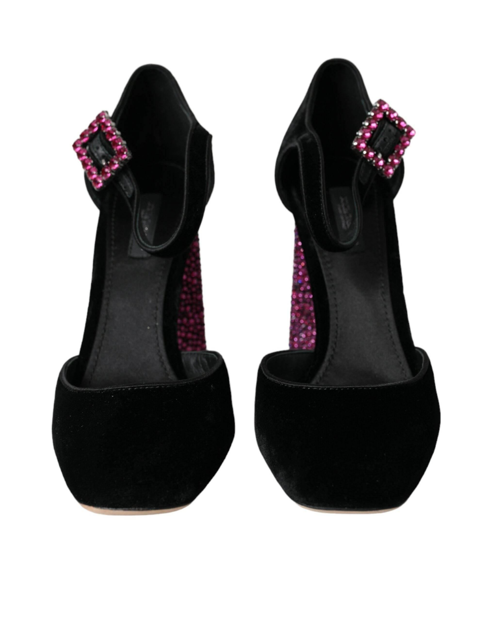 Dolce & Gabbana Black Velvet Strass Crystal Mary Janes Shoes - Hilstor