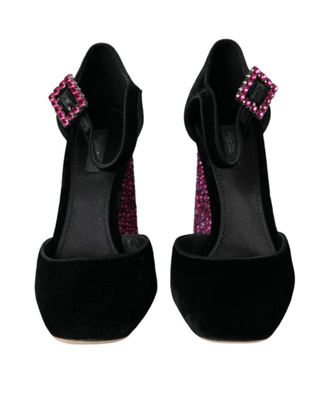 Dolce & Gabbana Black Velvet Strass Crystal Mary Janes Shoes - Hilstor