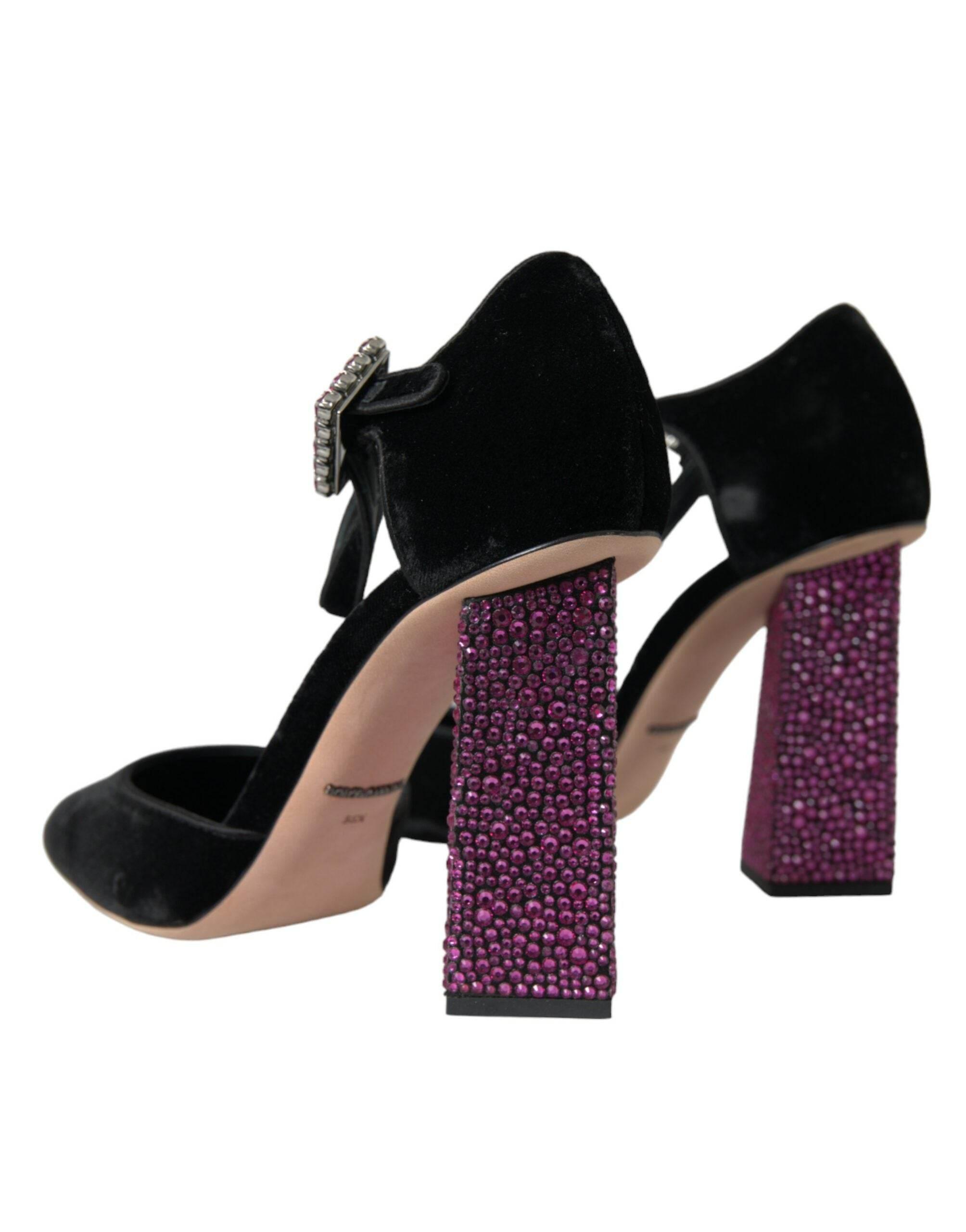 Dolce & Gabbana Black Velvet Strass Crystal Mary Janes Shoes - Hilstor