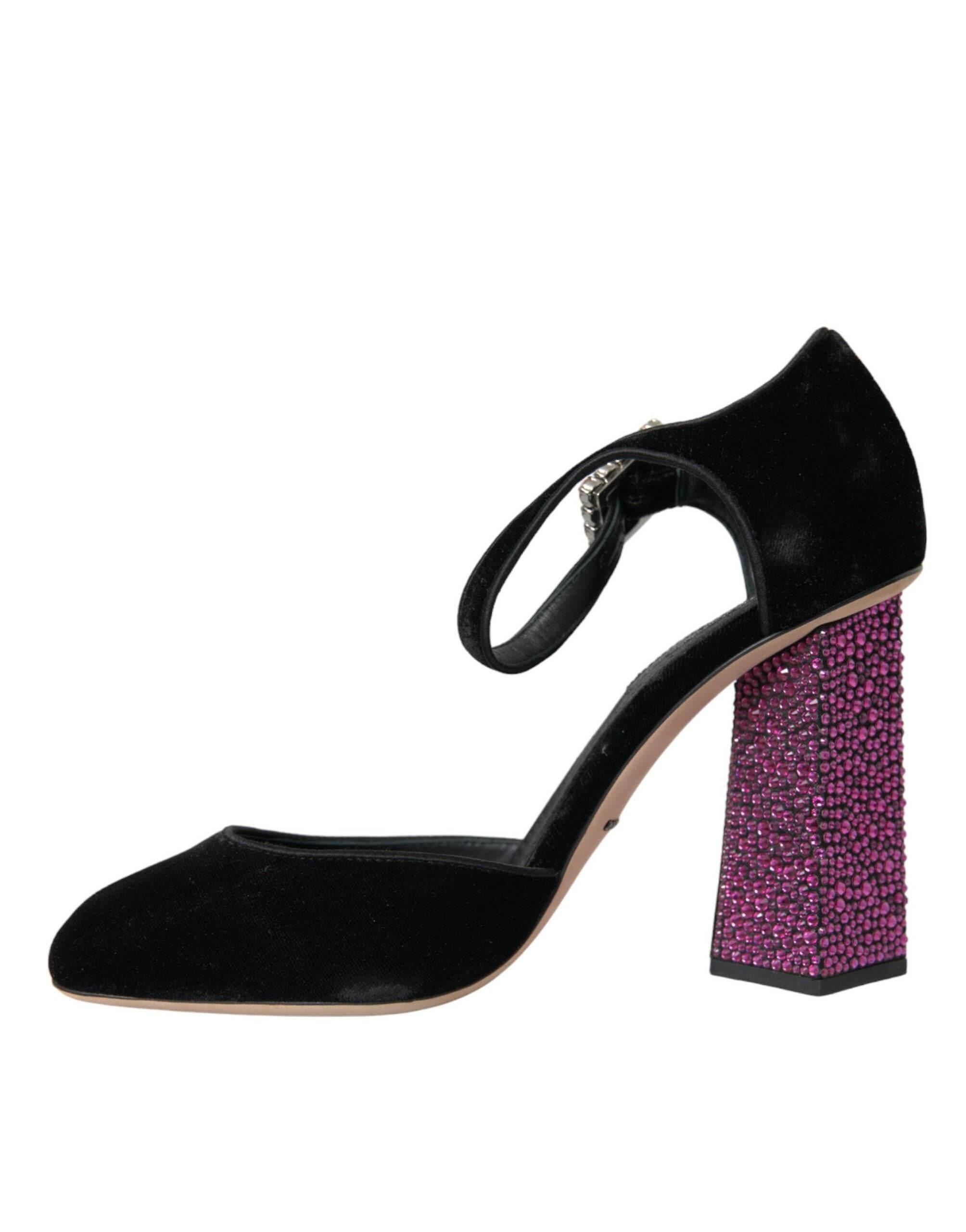Dolce & Gabbana Black Velvet Strass Crystal Mary Janes Shoes - Hilstor