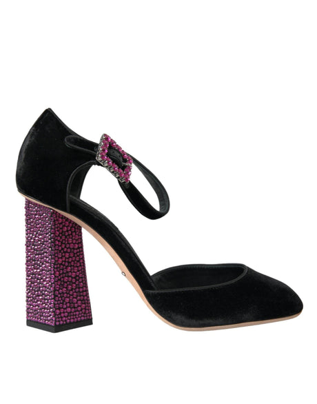 Dolce & Gabbana Black Velvet Strass Crystal Mary Janes Shoes - Hilstor