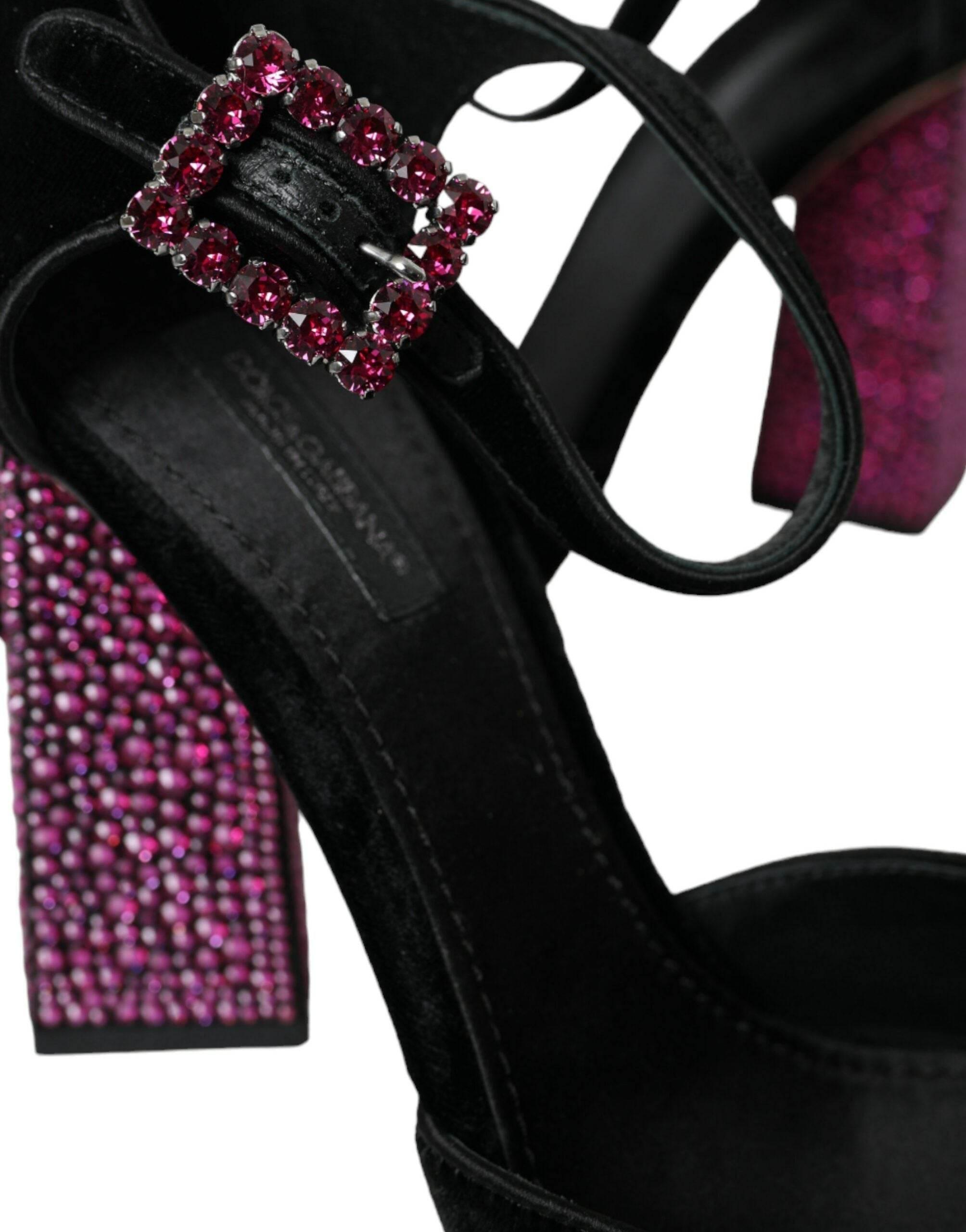 Dolce & Gabbana Black Velvet Strass Crystal Mary Janes Shoes - Hilstor