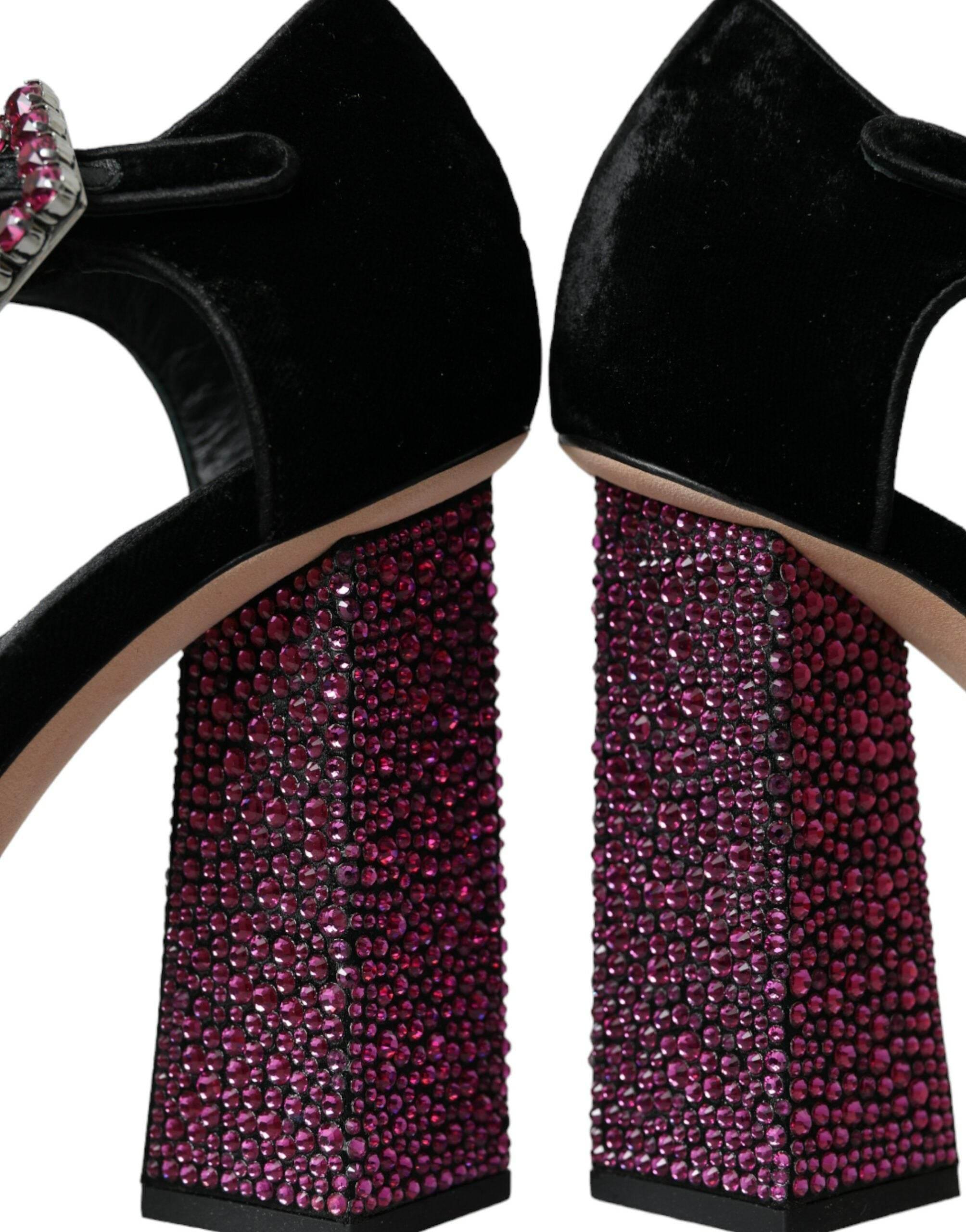 Dolce & Gabbana Black Velvet Strass Crystal Mary Janes Shoes - Hilstor