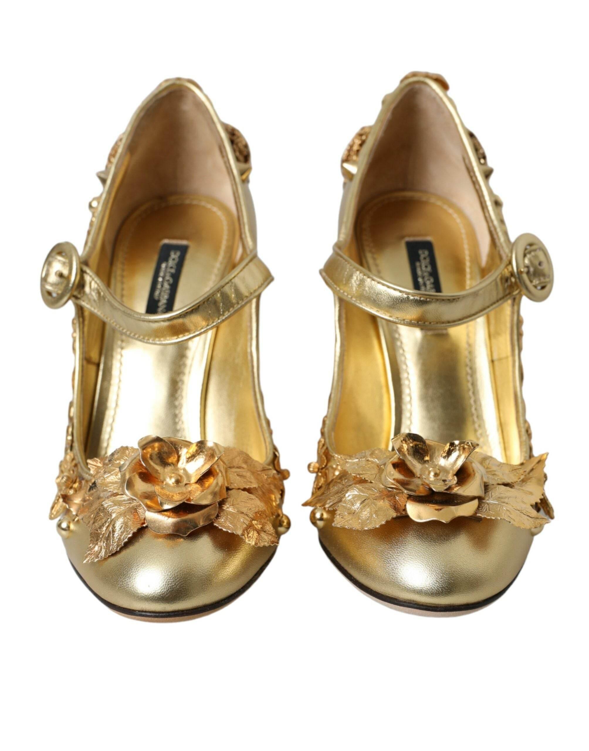Dolce & Gabbana Gold Leather Crystal Mary Janes Pumps Shoes - Hilstor