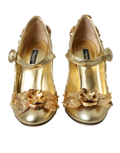 Dolce & Gabbana Gold Leather Crystal Mary Janes Pumps Shoes - Hilstor
