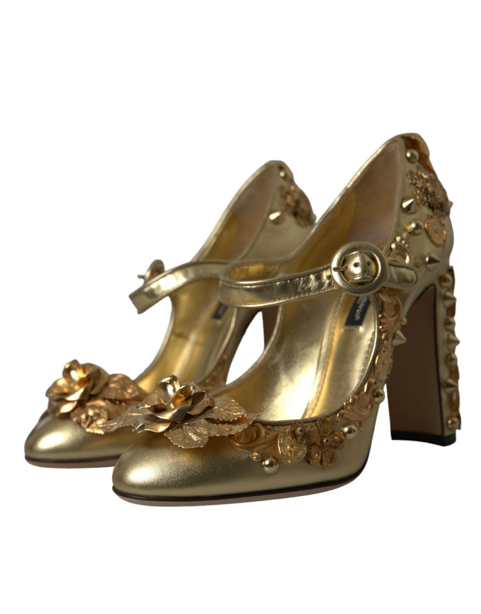 Dolce & Gabbana Gold Leather Crystal Mary Janes Pumps Shoes - Hilstor