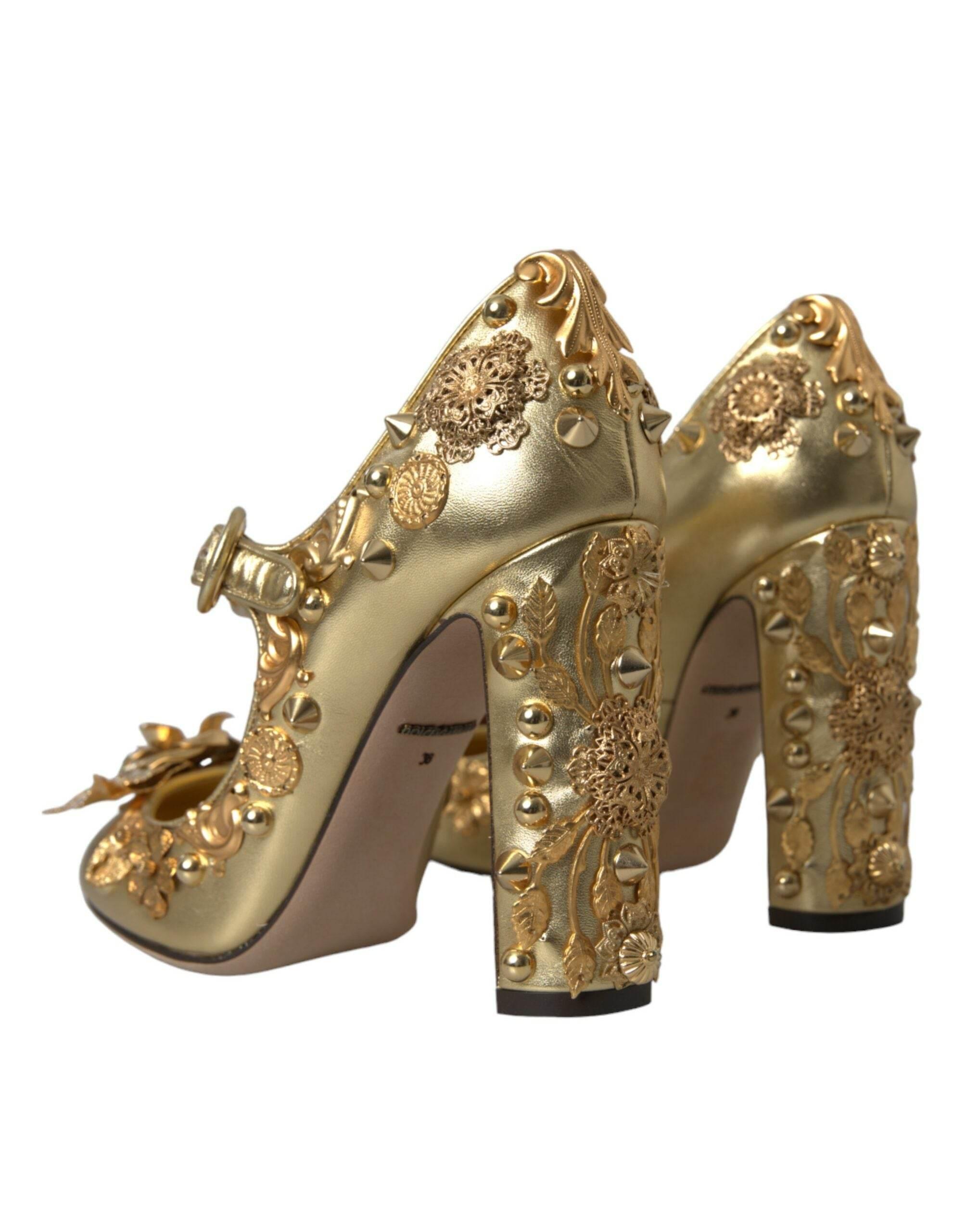 Dolce & Gabbana Gold Leather Crystal Mary Janes Pumps Shoes - Hilstor