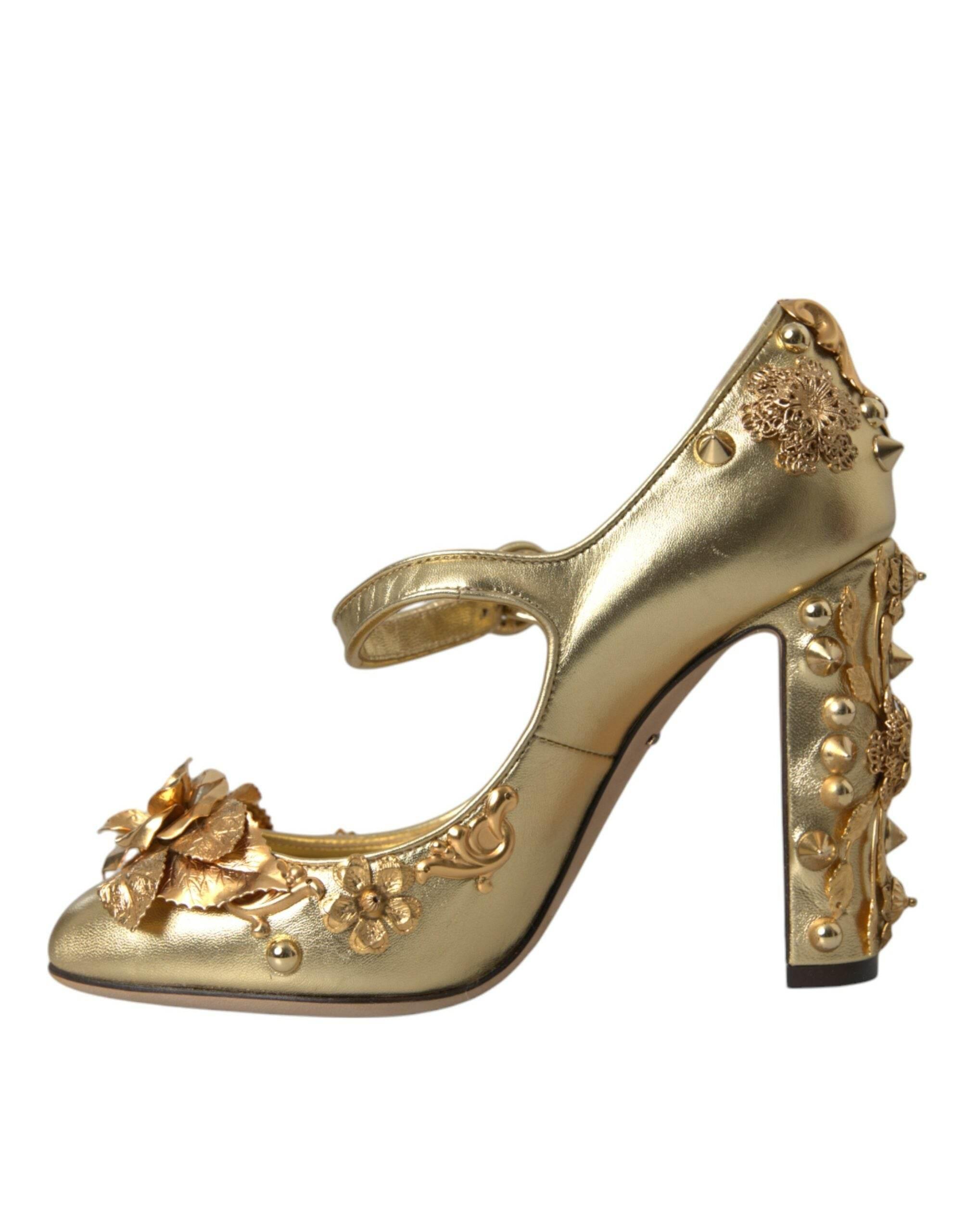 Dolce & Gabbana Gold Leather Crystal Mary Janes Pumps Shoes - Hilstor
