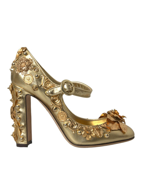 Dolce & Gabbana Gold Leather Crystal Mary Janes Pumps Shoes - Hilstor