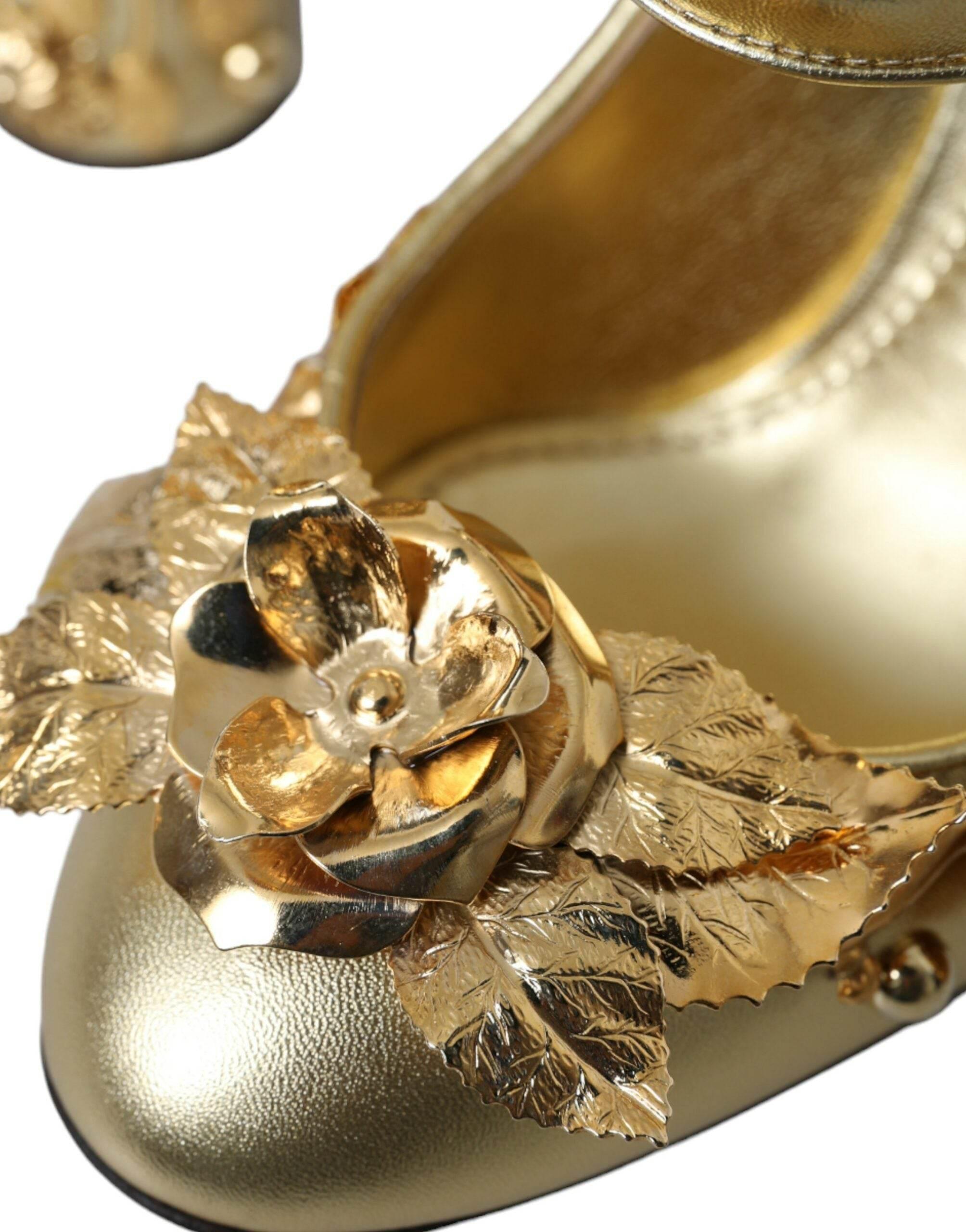 Dolce & Gabbana Gold Leather Crystal Mary Janes Pumps Shoes - Hilstor
