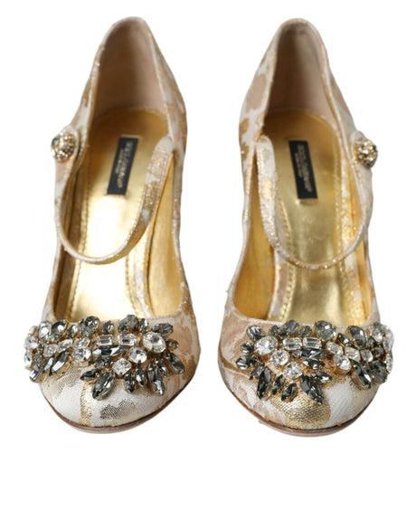 Dolce & Gabbana Gold Jacquard Crystal Mary Janes Pumps Shoes - Hilstor